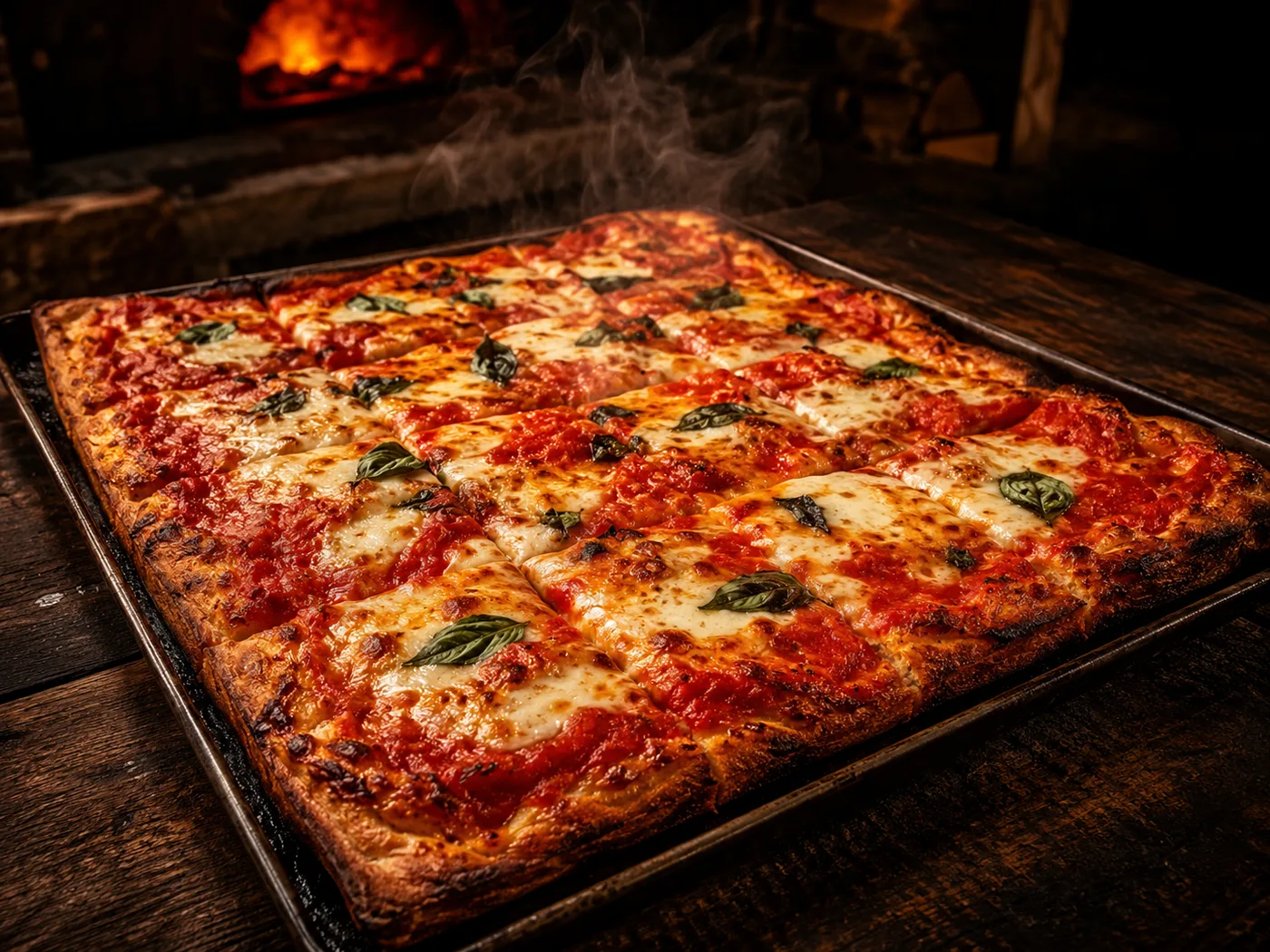 Große rechteckige Party-Pizza vom Blech, frisch aus dem Ofen